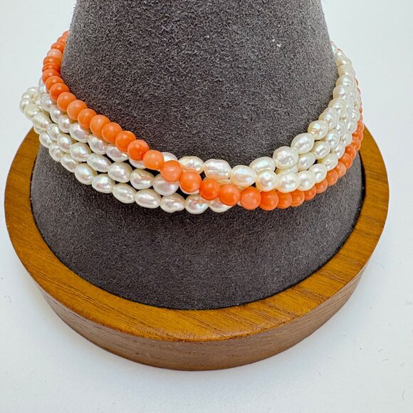 Vintage 14KY Gold Natural Coral & Biwa Pearl Multi Strand Bracelet 8" Length - Picture 1 of 8